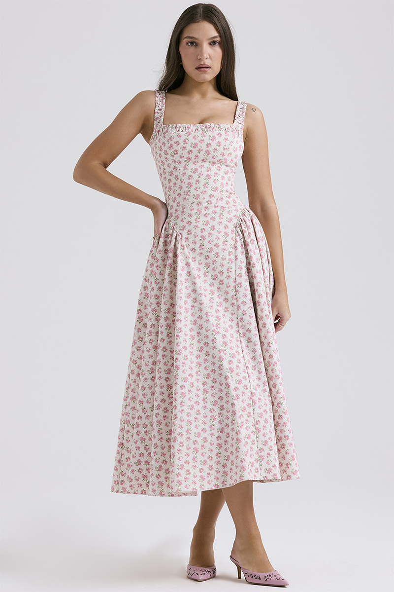 Wide Strap Square Neck Cinch Waist Ditsy Floral Print Midi Dresses-Pink