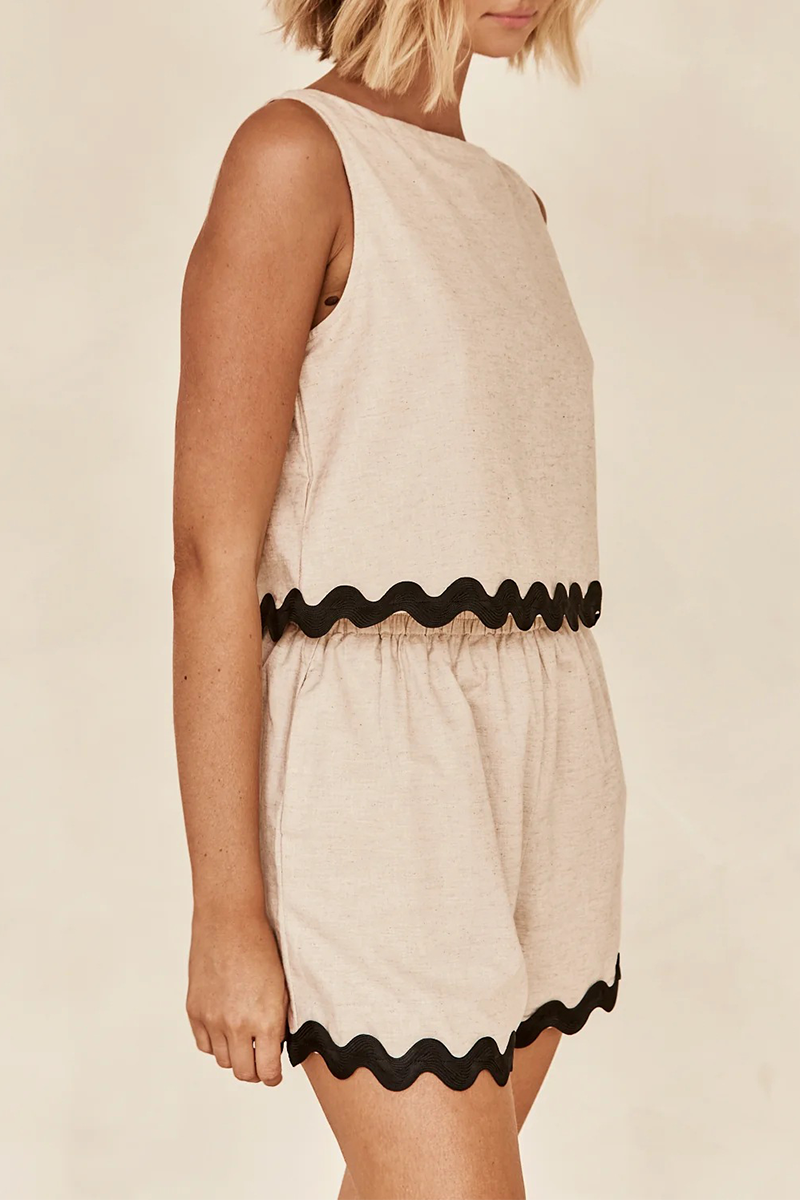 Colorblock Wavy Grain Trim Tank Top Pocket Shorts Matching Set-Pink