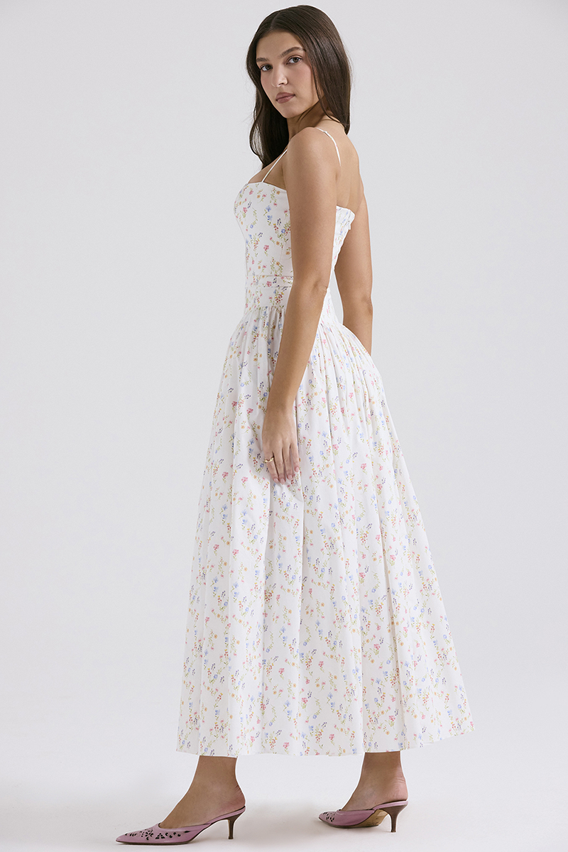 Ditsy Floral Print Boat Neck Corset Slip Midi Dresses-White