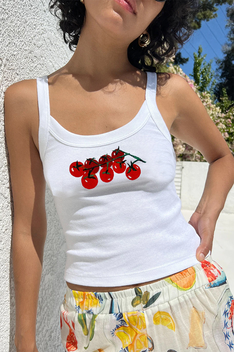 Cherry Tomatoes Print U Neck Slim Fit Crop Cami-White