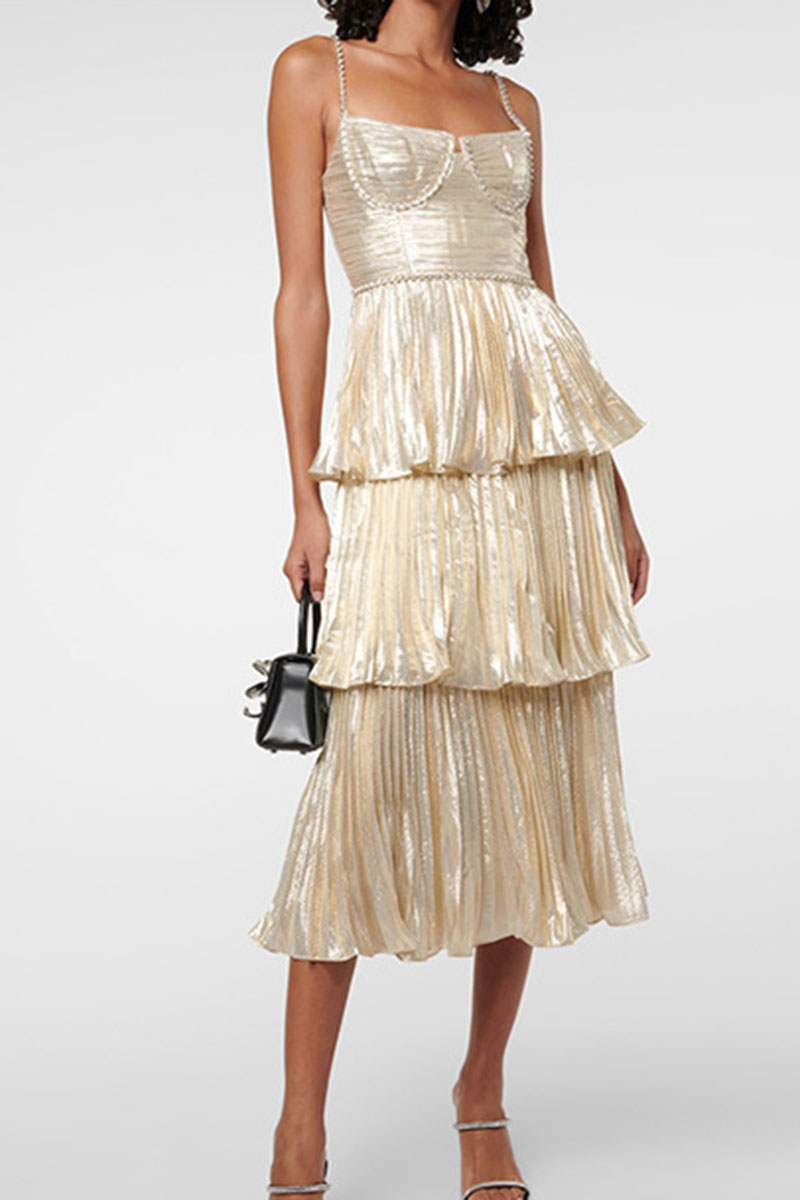 Diamante Straps Pleated Layered Party Satin Midi Slip Dresses-Champagne