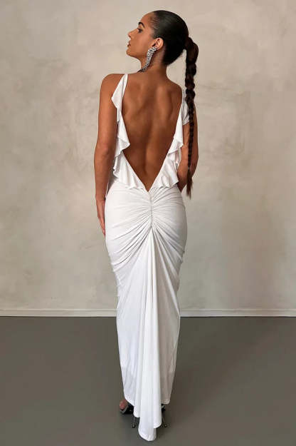 Ruffled Backless Plunge Slip Bodycon Party Maxi Dresses