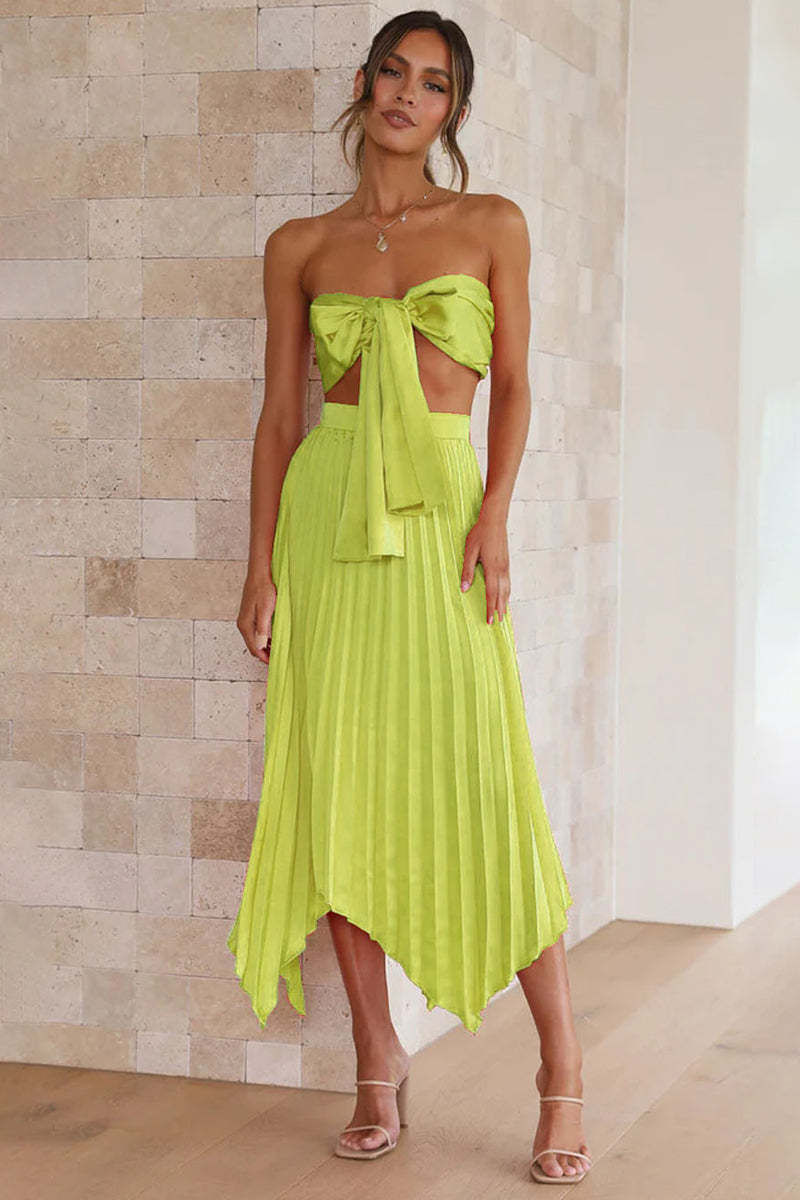 Halter Bow Sleeveless Top Pleated Irregular Hem Midi Skirt Vacation Matching Set