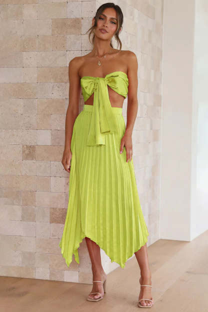 Halter Bow Sleeveless Top Pleated Irregular Hem Midi Skirt Vacation Matching Set