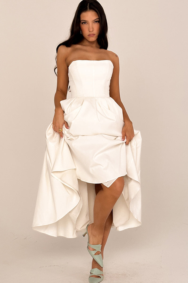 Elegant Strapless Corset Back Zipper Pleated Midi Dresses-White