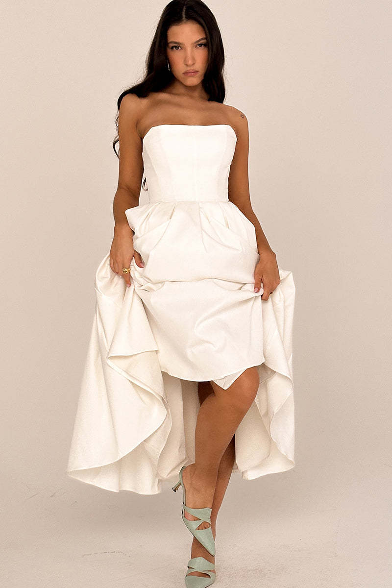 Elegant Strapless Corset Back Zipper Pleated Midi Dresses-White
