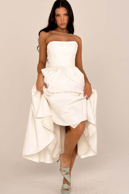 Elegant Strapless Corset Back Zipper Pleated Midi Dresses-White