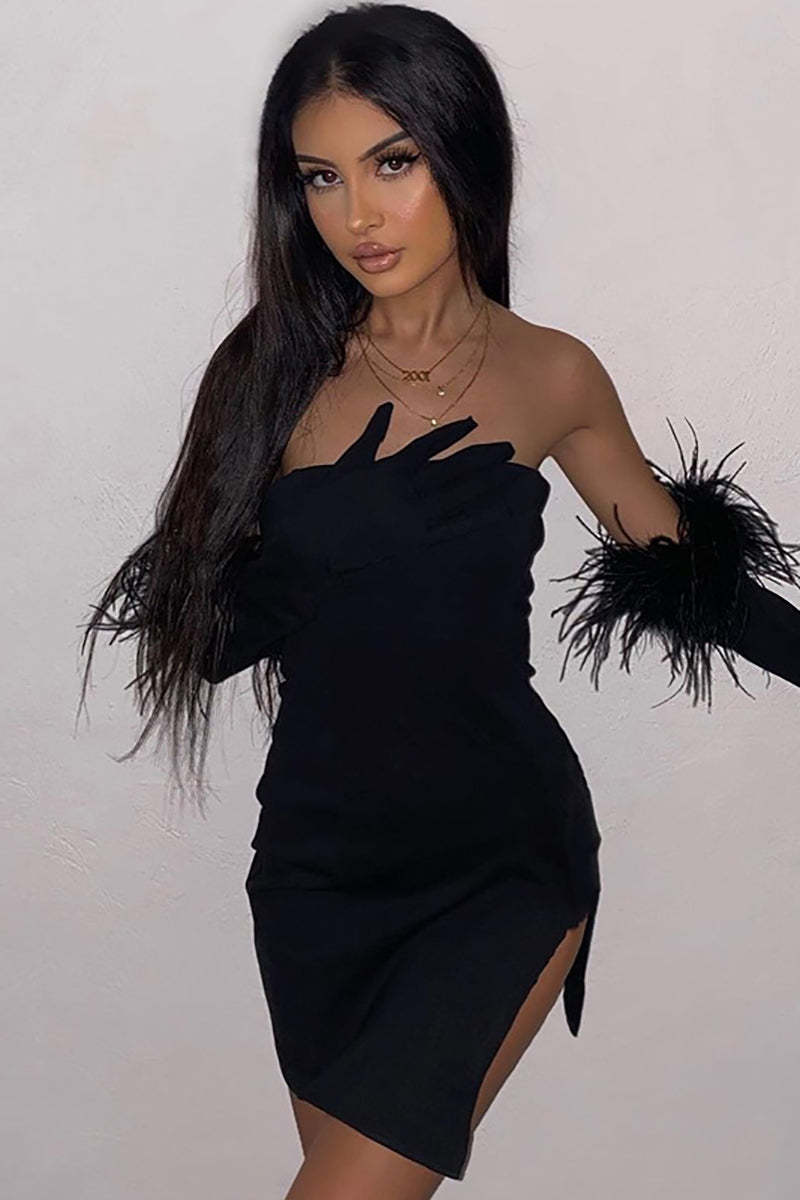 Feather Gloves Tube Split Party Mini Dresses