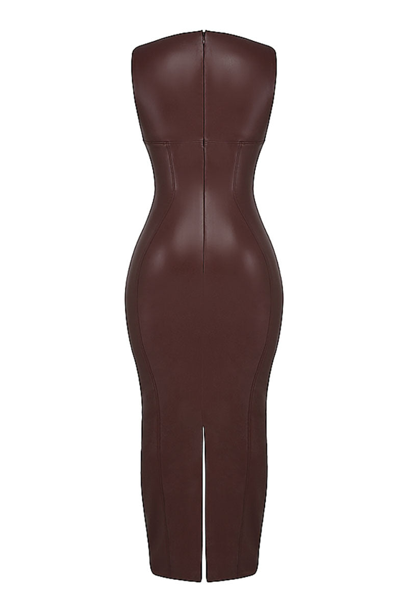 Faux Leather Bodycon Maxi Tank Dresses-Brown