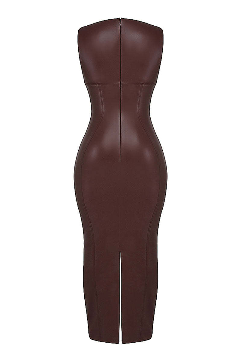 Faux Leather Bodycon Maxi Tank Dresses-Brown
