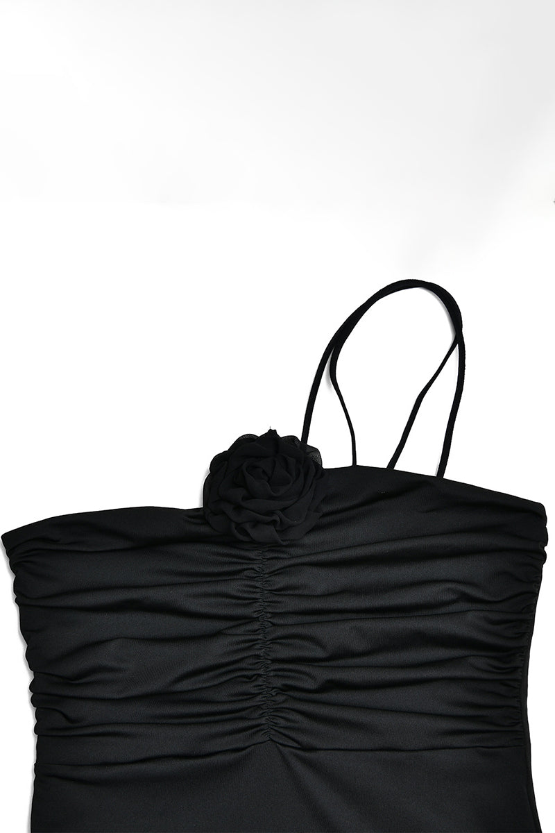 Cami 3D Flower Decor Ruched Backless One Shoulder Bodycon Wedding Guest Maxi Dresses