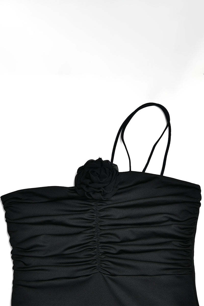 Cami 3D Flower Decor Ruched Backless One Shoulder Bodycon Wedding Guest Maxi Dresses