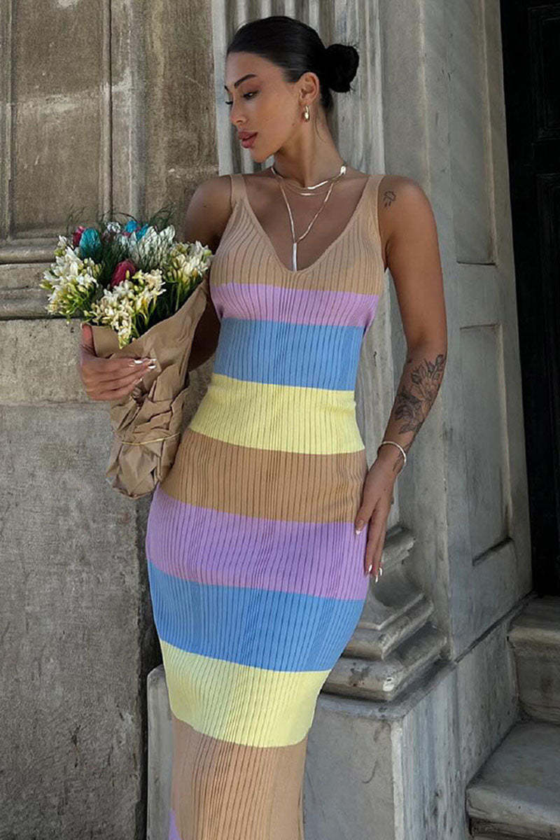 V Neck Colorblock Knit Slim-Fit Sleeveless Maxi Sweater Dresses-Purple