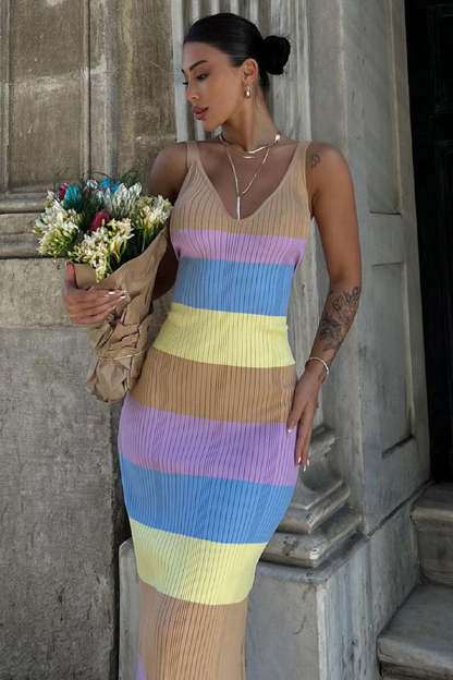 V Neck Colorblock Knit Slim-Fit Sleeveless Maxi Sweater Dresses-Purple