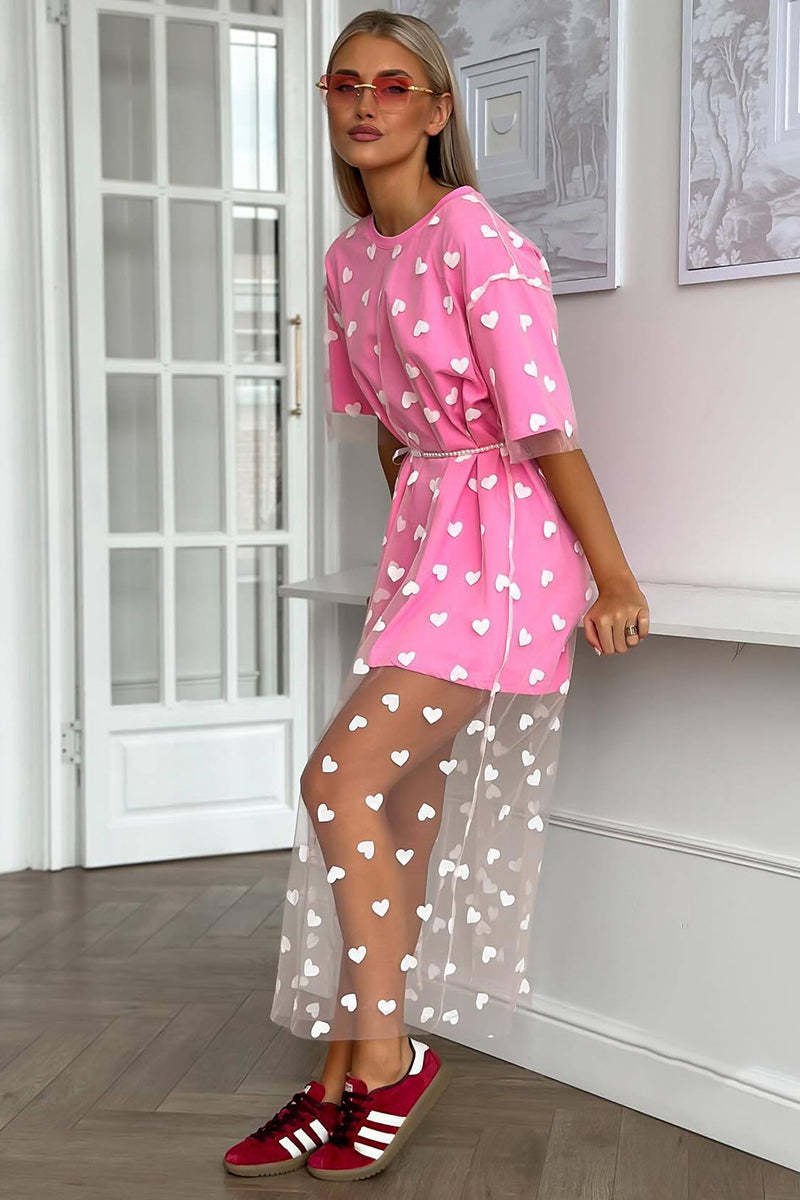 Heart Print Mesh Patchwork Short Sleeve T-shirt Midi Dresses-White