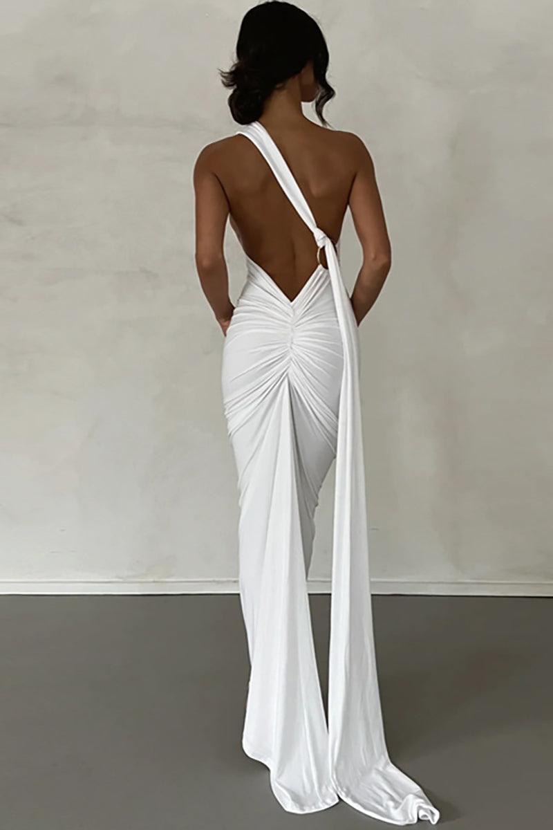 One Shoulder Sleeveless Sash Ring Decor Ruched Backless Elegant Evening Gown White Maxi Dresses