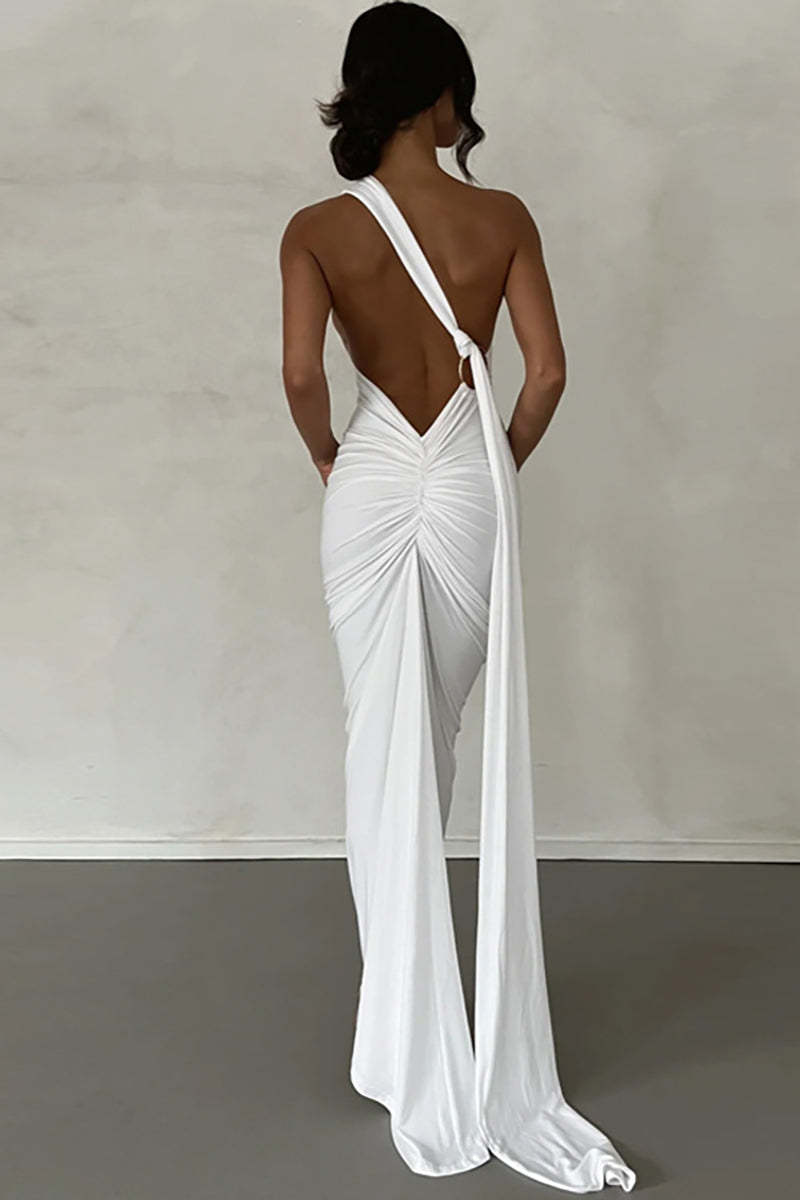 One Shoulder Sleeveless Sash Ring Decor Ruched Backless Elegant Evening Gown White Maxi Dresses
