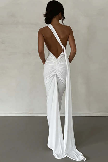 One Shoulder Sleeveless Sash Ring Decor Ruched Backless Elegant Evening Gown White Maxi Dresses