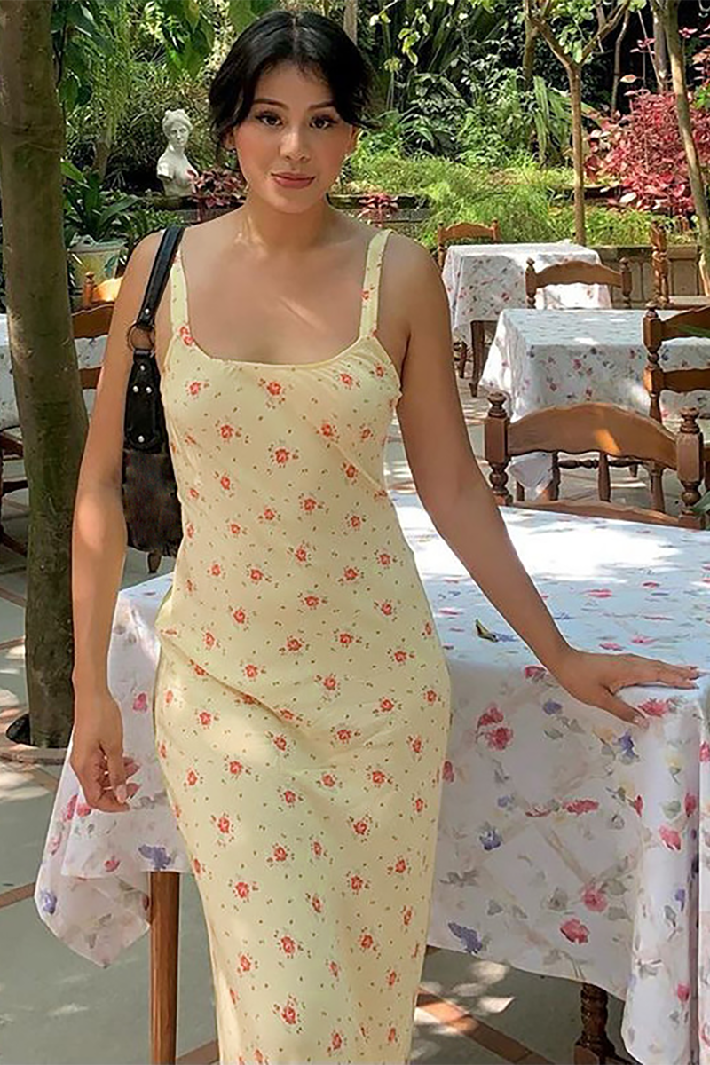 U Neck Ditsy Floral Print Slim Fit Fishtail Maxi Tank Dresses-Yellow