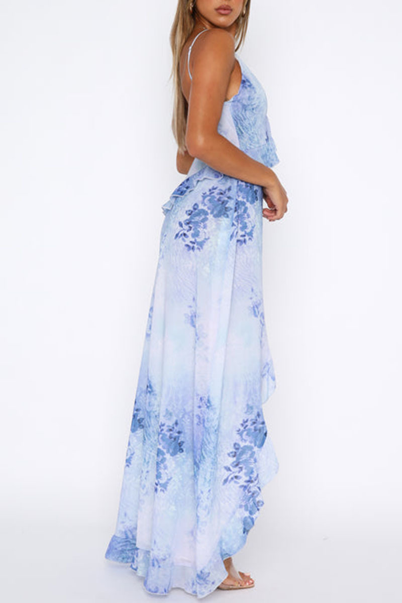 Floral Print V Neck Backless Flounce Asymmetric Hemline Party Slip Maxi Dresses-Blue