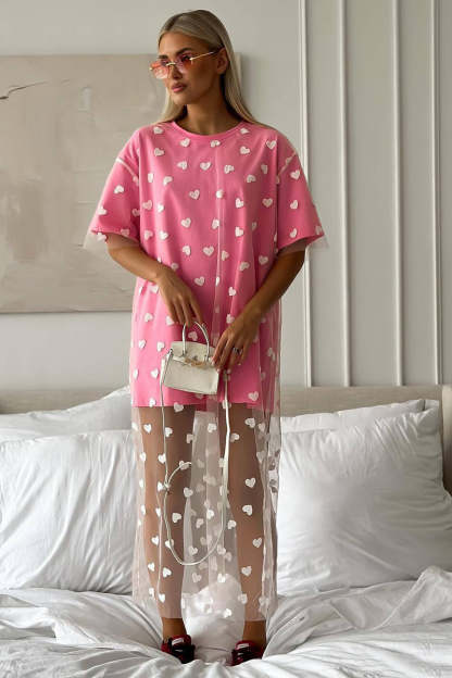 Heart Print Mesh Patchwork Short Sleeve T-shirt Midi Dresses-White