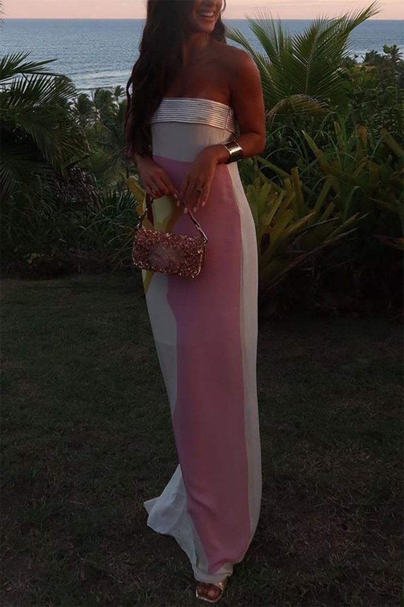 Boat Neck Strapless Floral Print Maxi Dresses-Pink