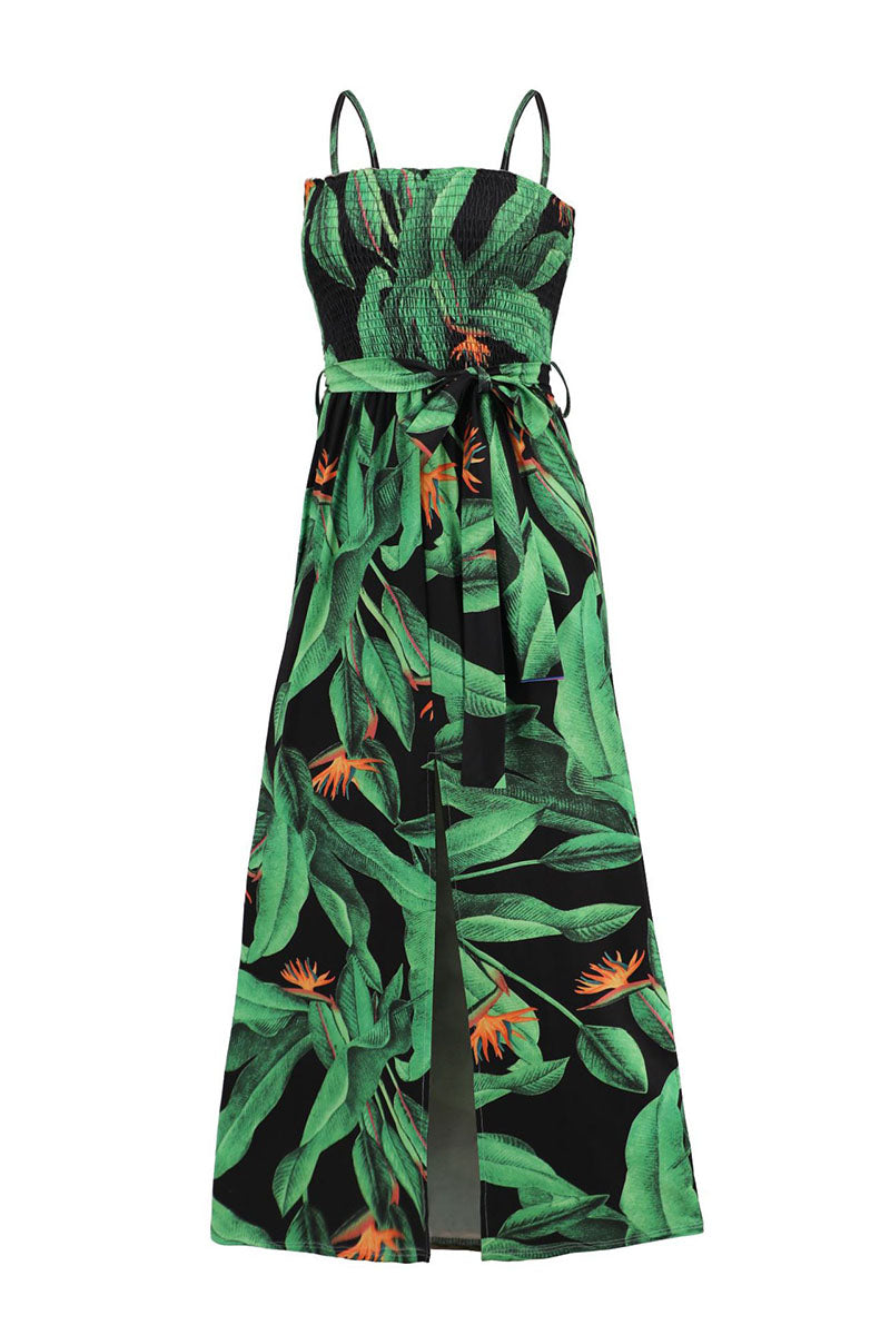 Print Slit Tied Belt Cami Vacation Midi Dresses
