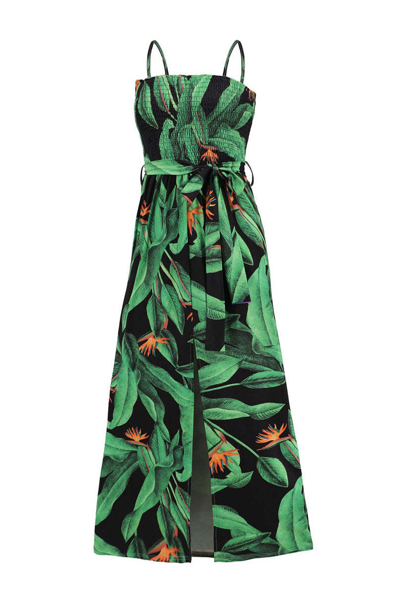 Print Slit Tied Belt Cami Vacation Midi Dresses