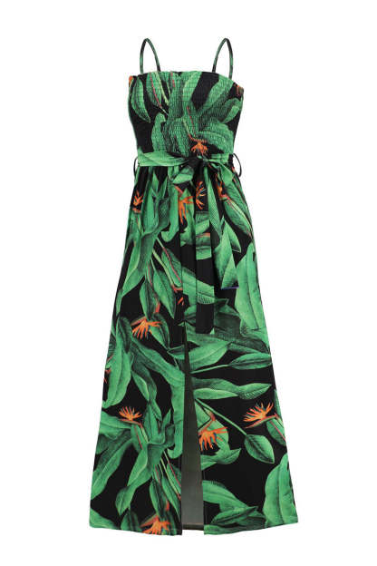 Print Slit Tied Belt Cami Vacation Midi Dresses