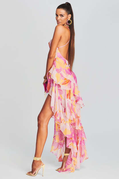 Vacation Cami Boat Neck Floral Print Irregular Ruffle Hem High Slit Tulle Maxi Dresses