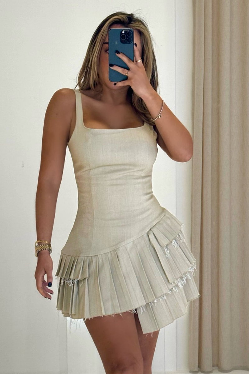 Square Neck Cinch Waist Pleated Irregular Slip Mini Dresses-Beige