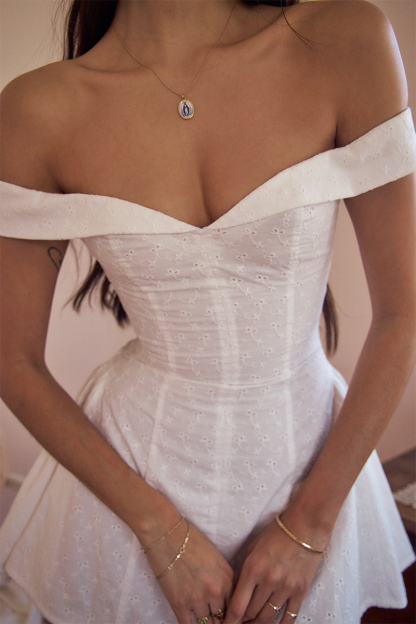 Off Shoulder Cinch Waist Jacquard Mini Dresses-White