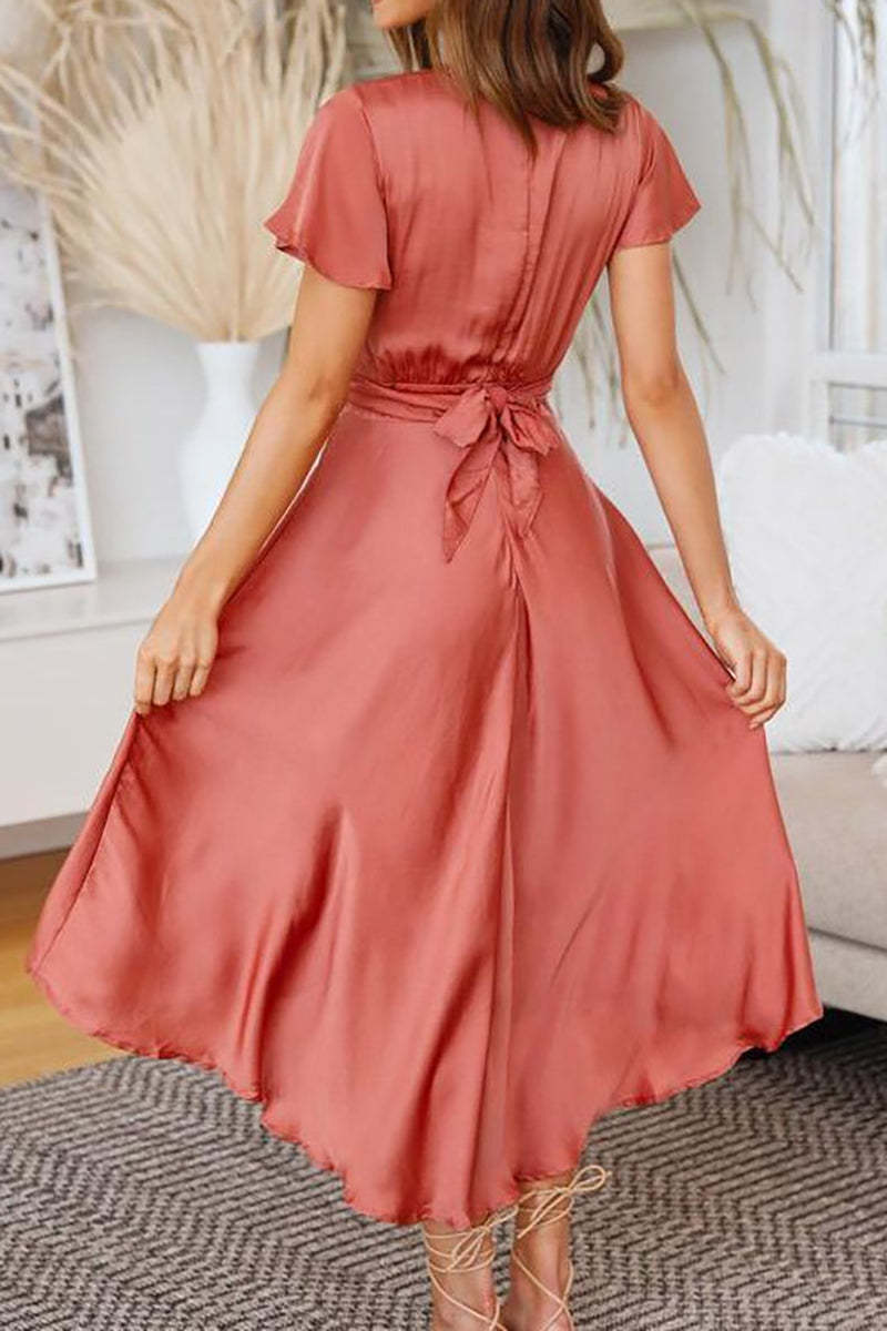 Deep V Neck Petal Sleeve Cut Out Irregular Hem Flowy Midi Dress