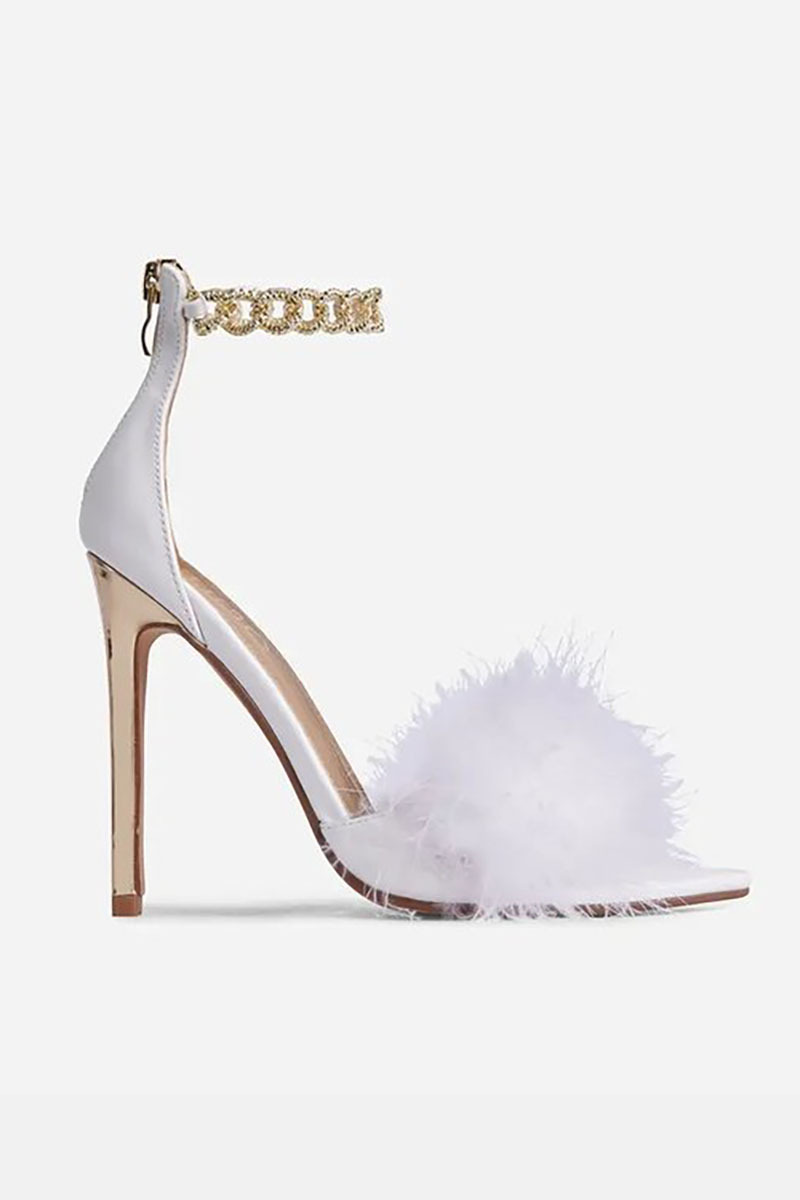Feather Patchwork Peep-Toe Chain Stiletto Heels-White