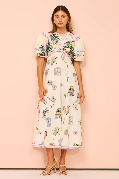 Vacation Mixed Prints Puff Sleeve A-Line Midi Dresses-Beige