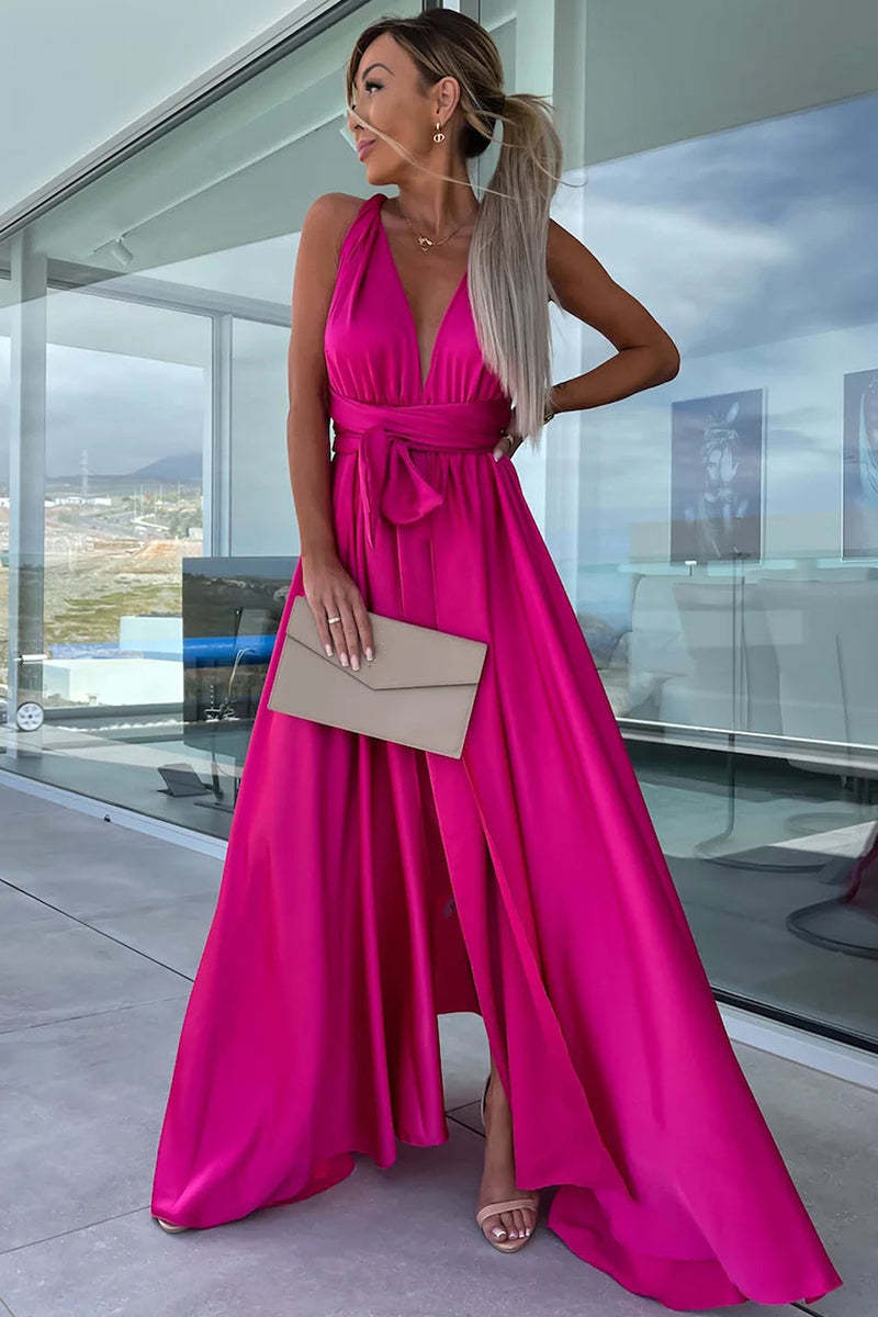 Deep V Neck Wrap Strap High Slit Satin Formal Party Maxi Dress