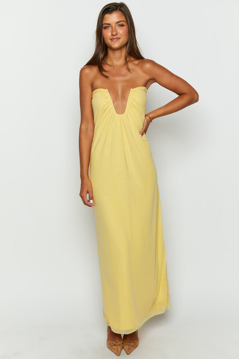Off Shoulder Notched V Neck Ruched Formal Party Layered Plain Maxi Dresses-Yellow