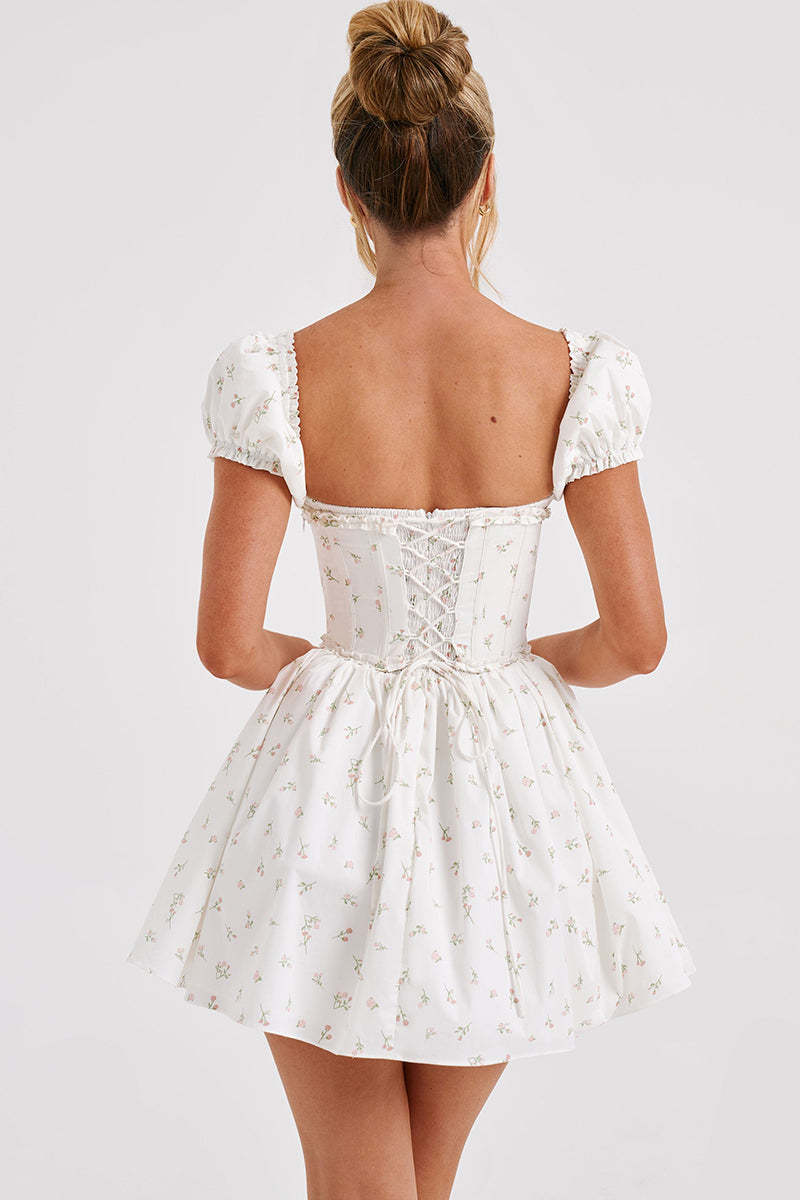 Off Shoulder Puff Sleeve Floral Print Corset Mini Dresses-White