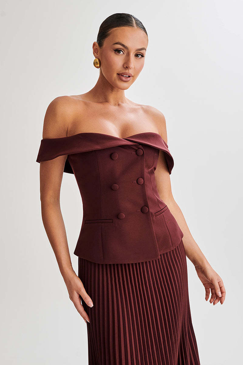 Off Shoulder Double Breasted Top Pleated Mini Skirt Matching Set-Burgundy