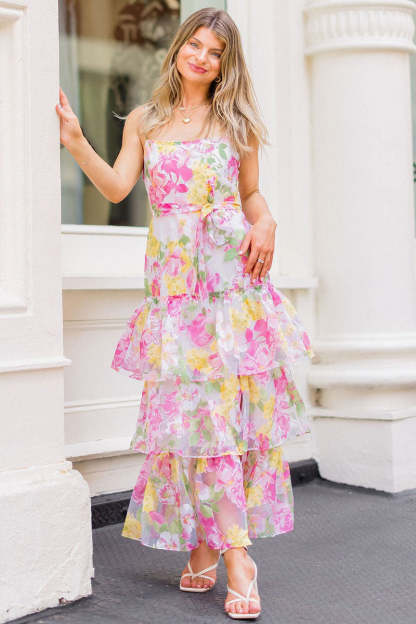 Spaghetti Strap Floral Print Tied Up Tiered Maxi Dresses-Pink