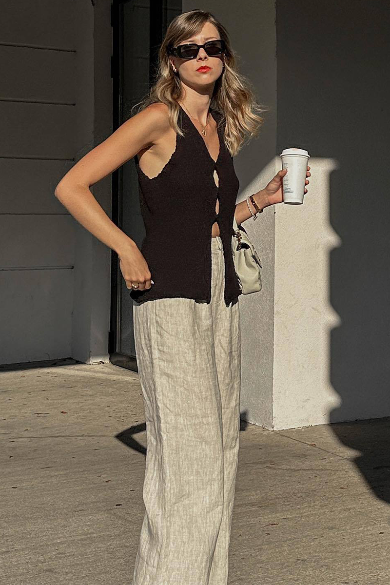 V Neck Cutout Solid Color Front Slit Knit Tank Top-White
