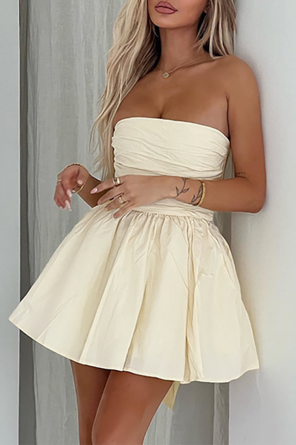 Boat Neck A-Line Pleated Hem Back Bow Mini Tube Dresses-Yellow