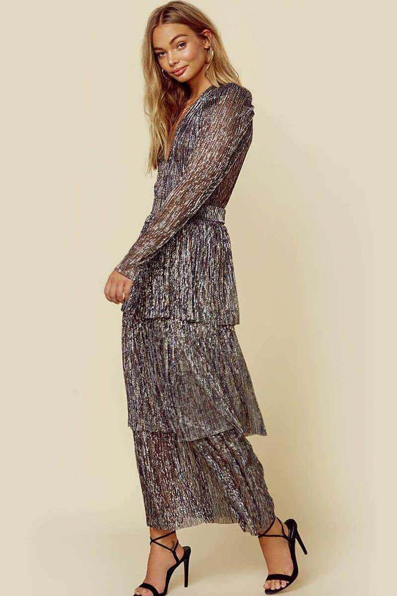 Tiered V Neck Print Long Sleeve Midi Dresses