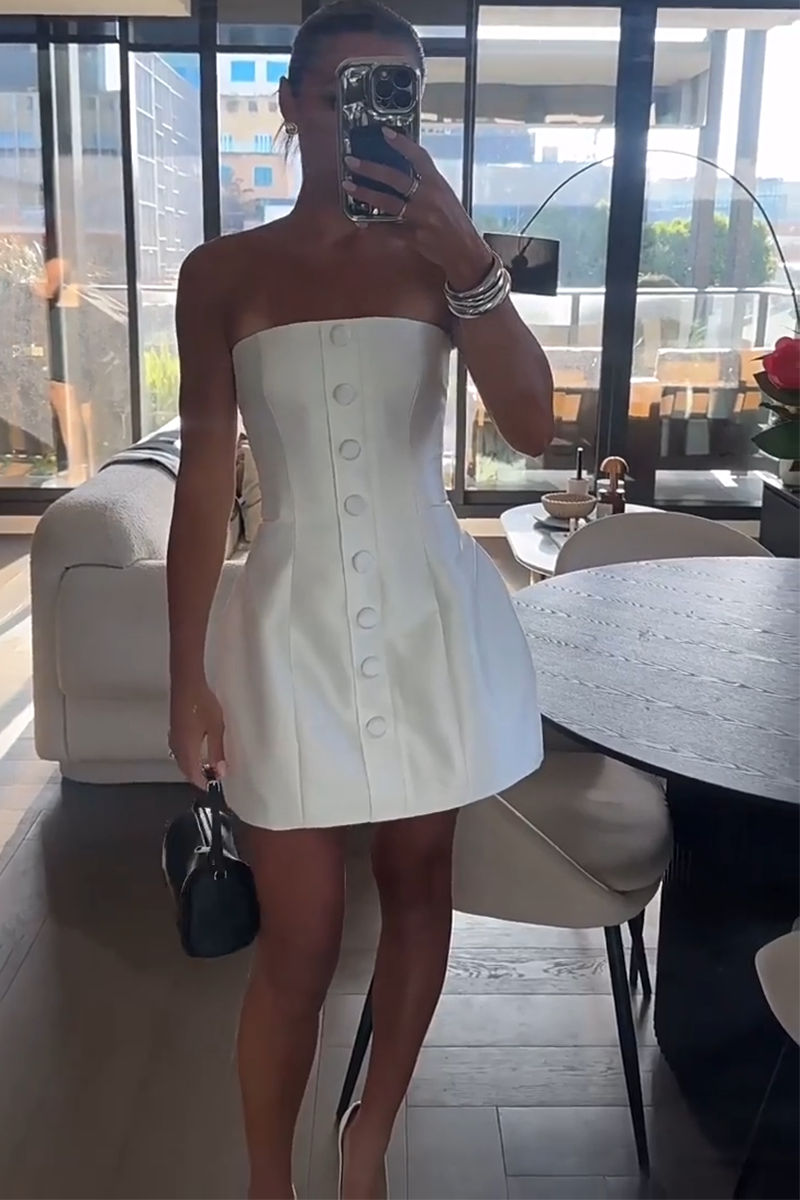 Boat Neck Front Button A-Line Puff Hem Mini Tube Dresses-White