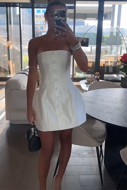 Boat Neck Front Button A-Line Puff Hem Mini Tube Dresses-White