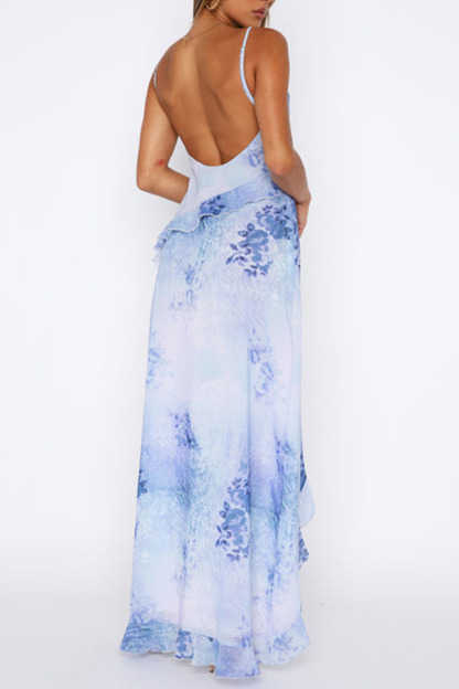 Floral Print V Neck Backless Flounce Asymmetric Hemline Party Slip Maxi Dresses-Blue