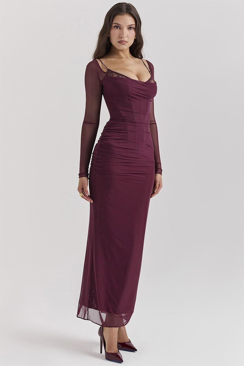 Lace Trim Corset Long Sleeve Bodycon Back Slit Maxi Dresses-Burgundy