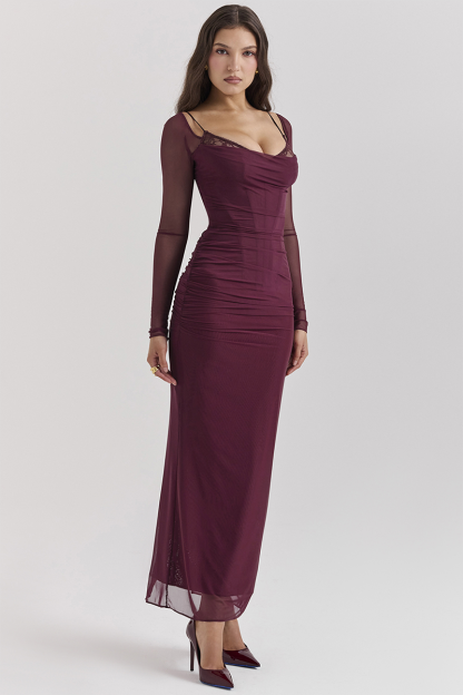 Lace Trim Corset Long Sleeve Bodycon Back Slit Maxi Dresses-Burgundy