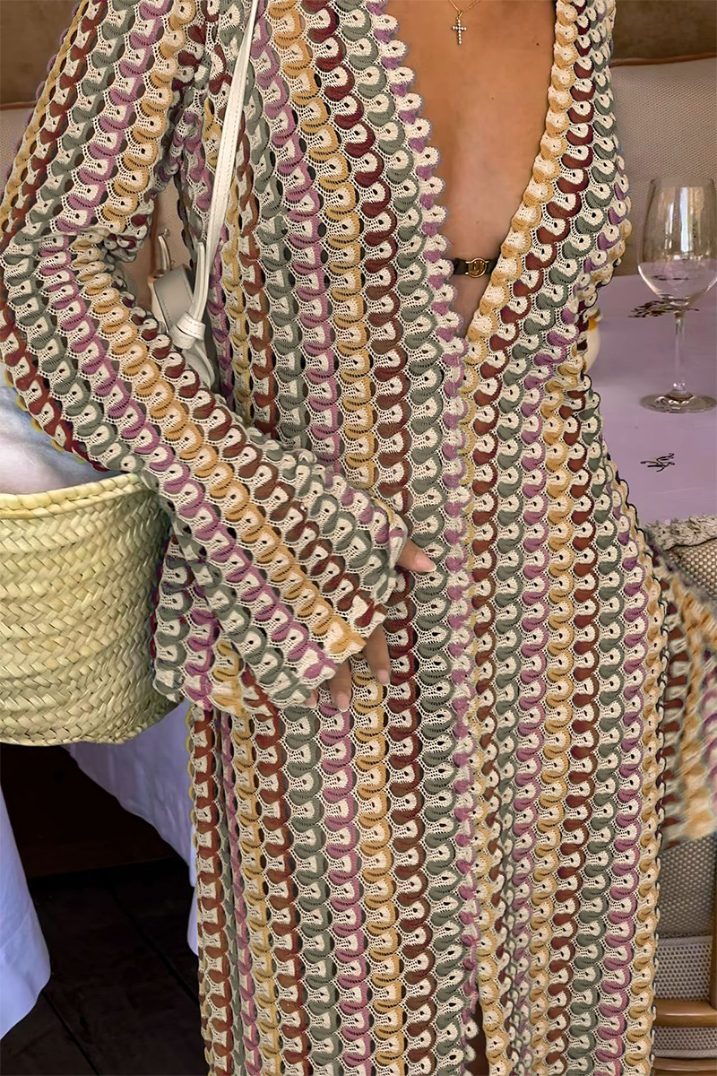 Crochet Abstract Striped Pattern Deep V Neck Flare Sleeve Slit Maxi Dresses-Green