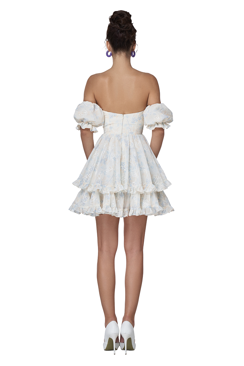 Off Shoulder Puff Sleeve Button Layered Floral Mini Dresses-Beige